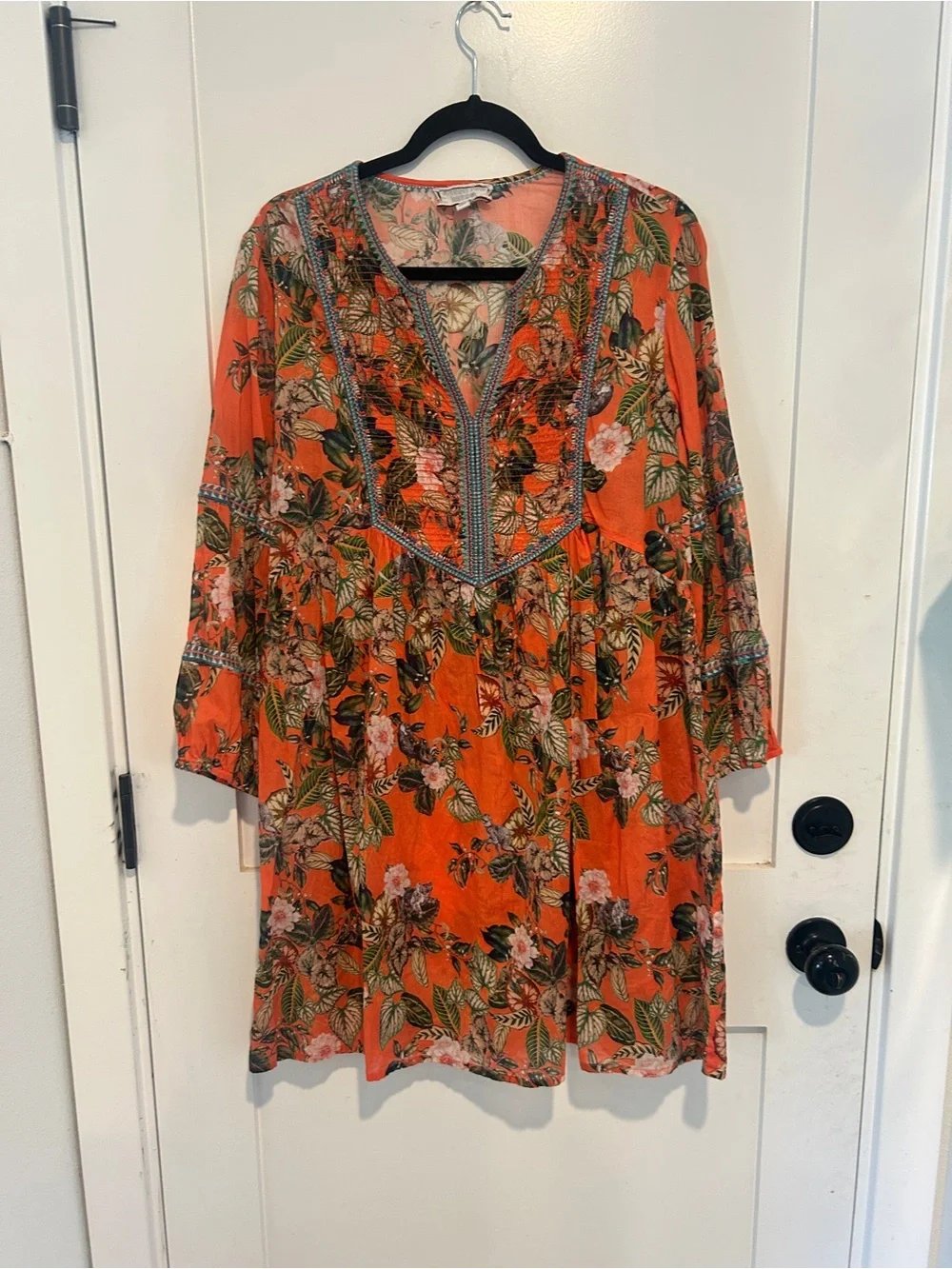 Johnny Was Paris Shift Dress Size Medium Tunic Orange Floral Embroidered - Picture 2 of 10